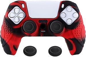 eXtremeRate PlayVital Guardian Edition Ergonomic Soft Anti-Slip Controller Silicone Case Cover for ps5, Rubber Protector Skins with Black Joystick Caps for ps5 Controller - Red & Black