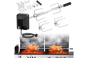 ELITECRAN Kit universal de asador para barbacoa, asador con motor eléctrico de 220 V y 4 W, 2 tenedores, acero inoxidable, juego de barbacoa para la mayoría de quemadores de gas
