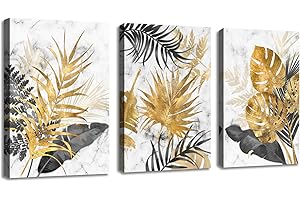 FajerminArt 3 Pièces Tableau Décoration Murale Salon or gris feuilles Peintures affiche Impression sur Toile Image sur Toile Peintures sur Toile Décoration Murale pour Chambre Maison Bain 30x40cmx3pcs