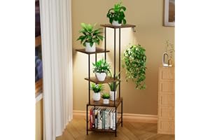 Homsorout Support Plantes avec Lampes de Croissance - 5 Niveaux Porte Plante Interieur, 112cm Étagère Plante en Métal et Bois, Etagere Plante D'intérieur Meuble, Salon et Chambre À Couche (Marron)