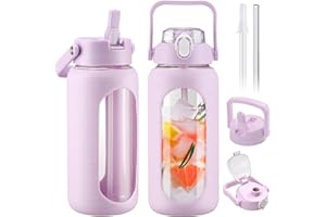 BLUEGO 2000ml Bouteilles d'eau en verre avec 2 couvercles Gourd avec paille 2L Grande bouteille d'eau avec marqueurs de temps et de capacité pour salle de sport Maison Étanche, Violet