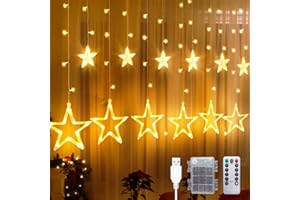 CNMTCCO Christmas Star Window Lights, 12 Stars 138 LED Curtain String Lights with 8 Flashing Modes Decoration for Wedding, Party, Wall, Christmas Decorations, Battery＆USB Powered (Warm White)