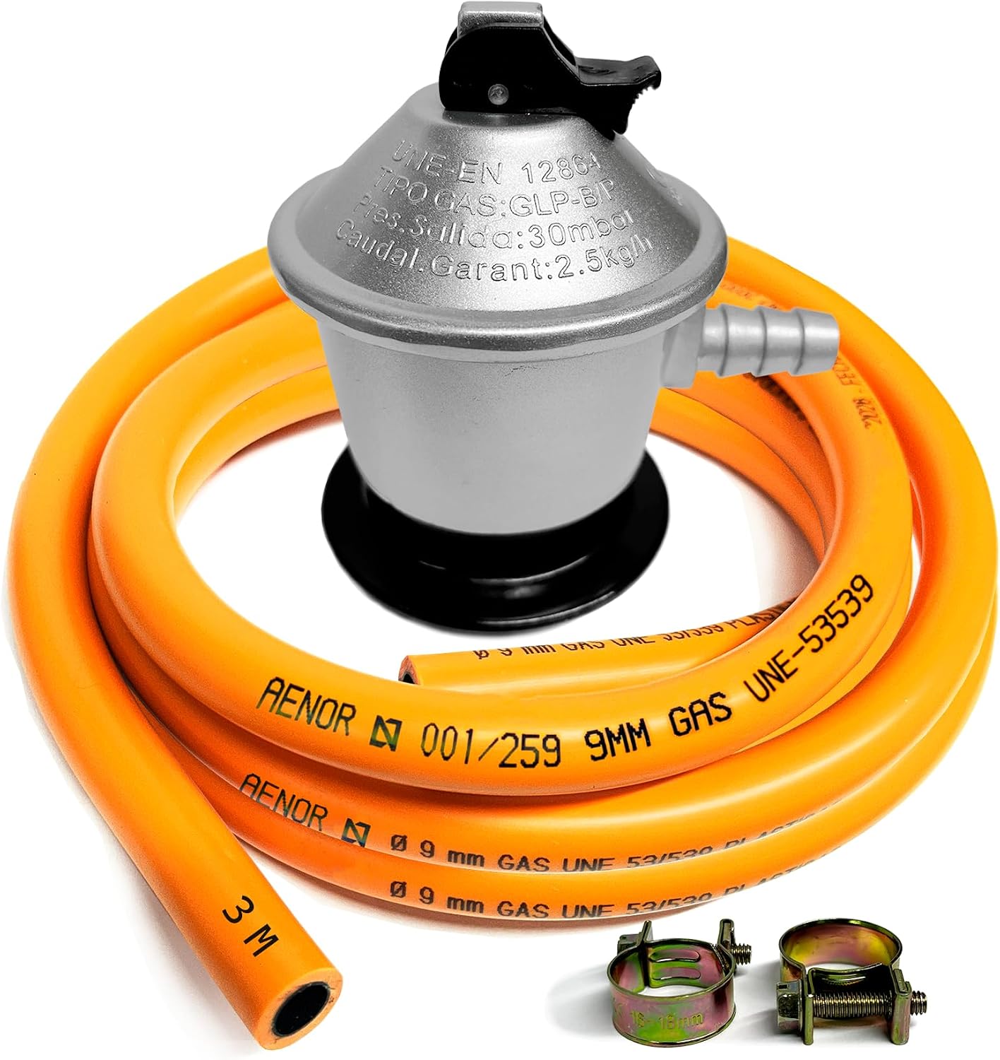 Kit Regulador Gas Butano 30 mbar Homologado + Manguera 1,5 m / 3 m / 5 m y Abrazaderas – Regulador para Bombonas de Gas en Cocinas, Camping, Hornillos, Barbacoas y Paelleros (DOBLE XXL - 3,0 m)