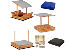 SUNWOOD Magus Sandpit Impregnated with Roof Including Video Instructions for Assembly, Sun Protection, UV Protection, Sandbox with Cover with Benches with Tarpaulin, Sandpit, Wood, 120 x 120, 140 x 140 cm, XL