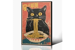 Anslipswar Japansk katt kanvas väggkonst, knasig svart katt äter ramen-affisch, retro rolig djurmat konsttryck, unik kök mats