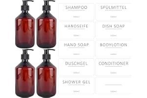 ‎ISOLATECH ISOLATECH 4er Set 500ml Badezimmer Seifenspender Flaschen Set mit schwarzer Dosierpumpe - Braune PET Leere Flaschen, Nachfüllbar für Duschgel, Shampoo, Bodylotion - Inkl. 10 Etiketten
