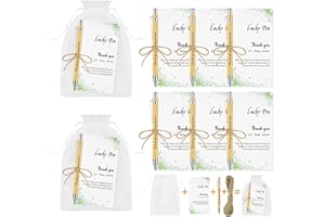 OFFCUP Lot de 6 Stylo à Bille Merci, Stylo à Bille en Bambou Merci pour Tout Personnalisé avec Carte et Sac en Organza Stylos Cadeau pour Famille et Amis école Collègues Enseignants