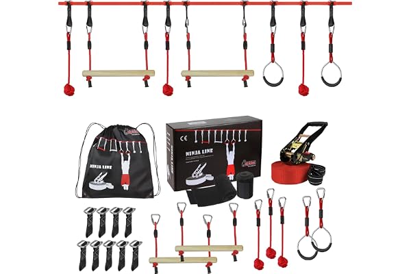 ALPIDEX Ninja Parcours 15 m Slackline Set Ungdomar Vuxna Hinder Knutar | Hinderbana, Ringar, Träpålar, Karbinhakar, Trädgård, Park, Utomhus, Väska, 2 Ton, Träning, Balans