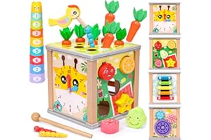 ATOYLINK 7 in 1 Cubo Actividades, Juguetes Montessori, Centro de Madera con Formas para Clasificar, Xilófono Taza Juguete Apilable Juego Educativo Regalo para Niños Bebe 1 2 3 Años
