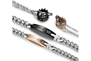 Flongo Parure Couple Acier Inoxydable avec Zirconium - Colliers et Bracelets Amoureux pour 2 Gravés "His Queen & Her King" en Or Rose et Noir - Cadeau Romantique Noël, Saint-Valentin, Mariage