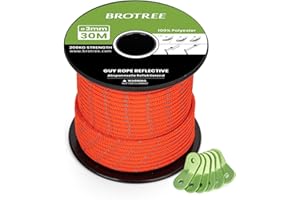 Brotree Cuerda Tienda Campaña Reflectante 3mm 30m Cuerda Tensora con 6 x Tensores de Cuerda para Tienda, Toldo, Camping (Reflectante Naranja Neón)