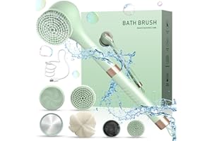 LIUNOVIP Electric Body Brush, Rechargeable Exfoliating Shower Brush, Electric Back Scrubber with Long Handle 6 Brush Heads 3 Speeds USB Charging, Waterproof Electric Bath Brush for Deep Cleansing