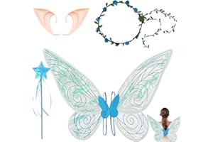 XIEXIESHER Alas de Hada, con Varita de Hada, Orejas de Elfo, para Niños y Adultos, Alas de Hada para Niñas para Carnaval Halloween Navidad y Cumpleaños Cosplay (Azul)