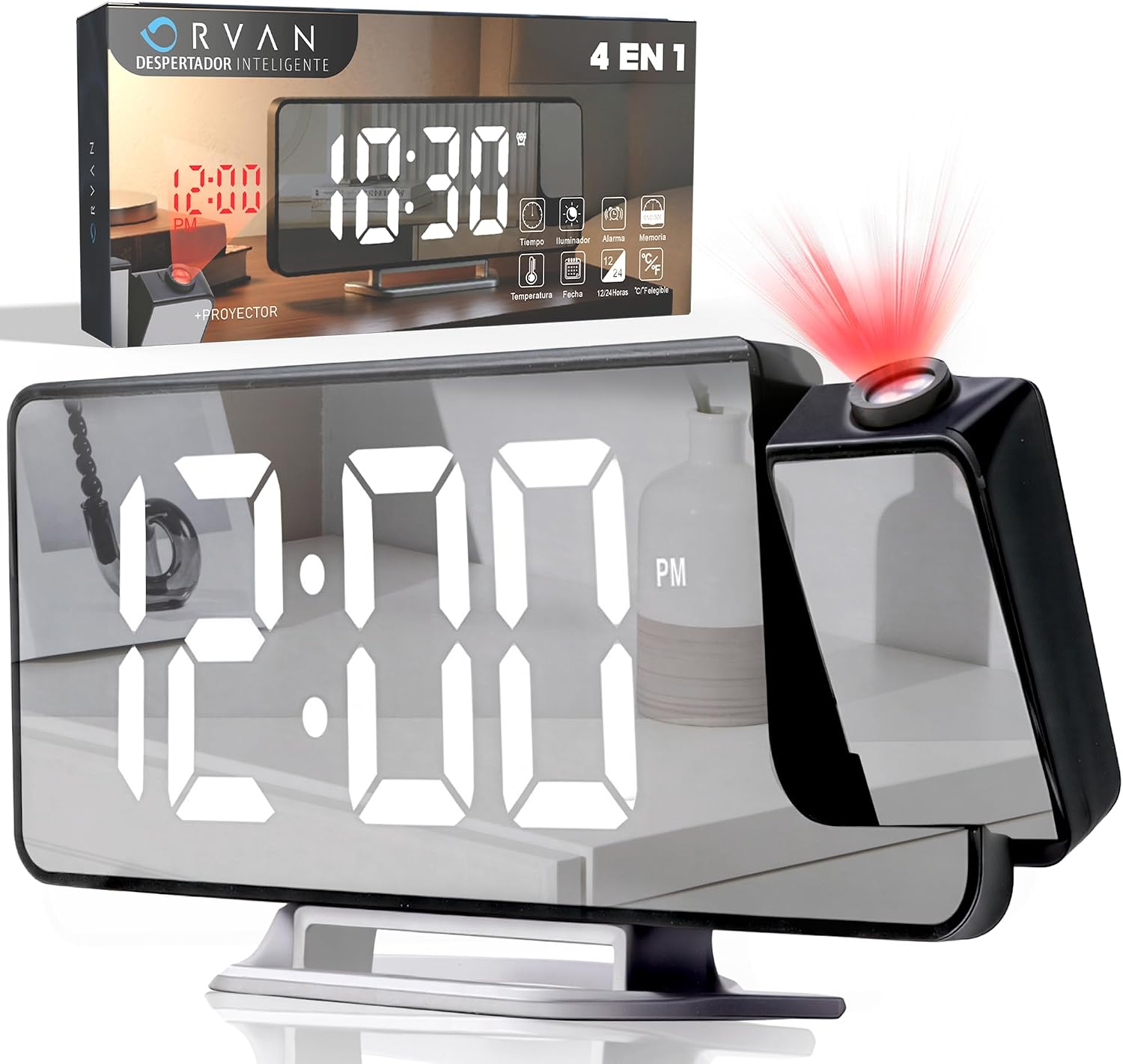 ORVAN® Reloj Proyector Techo Premium | Reloj Despertador Digital LED | Despertador Proyector Techo con Efecto Espejo | Reloj Despertador con Proyector | Doble Alarma | Tres Modos De Atenuación