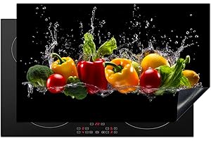 KitchenYeah© Protege Couvre Plaque De Cuisson Deco Cuisine Tapis Protection Protecteur Induction 83x51 cm Poivron - Eau - Légume - Noir