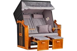 ‎MR. DEKO MR. DEKO® Strandkorb Ostsee Volllieger 2-Sitzer | PE Geflecht Schwarz Bezug Uni grau | inkl. 4 Kissen & Klapptisch | Strandstuhl verstellbar | Strandkörbe Hartholz Fußablage (Dessin Royal Grau)
