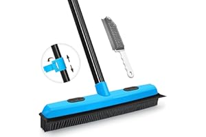 JEHONN Balai Caoutchouc Brosse avec Raclette, Enlève Les Coiffeur Poils Animaux de Compagnie, Silicone Broom Manche Long 134 cm pour Nettoyer Tapis Fenêtres Carrelage et Sols en Bois Dur (Bleu)