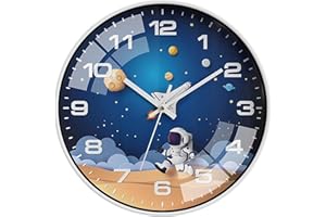 ALEENFOON 30cm Orologio da Parete per Bambini, Orologio al Quarzo Silenzioso Senza Ticchettio Orologio da Parete per Bambini Astronauta Viaggio Spaziale per camera da letto, aula, cameretta