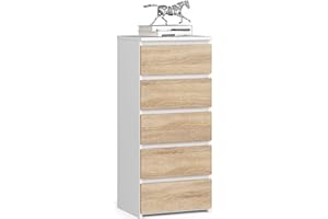 AKORD | Cassettiera a 5 Cassetti | Credenza Alta | Moderna Mobiletto per Soggiorno Sala da Pranzo Camera da Letto Corridoio Bagno | Armadio Cameretta | 35x40x92 cm | Bianco | Rovere Sonoma