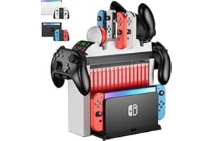 Switch Aufbewahrung mit Controller Ladestation, ZAONOOL Ladestation für Nintendo Switch & OLED Joy Con, Pro Controller und Pokeball, Zubehör Aufbewahrungsständer für Spiele, Pro Controller, TV Dock