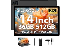 LEVIRTU Tablet 14 Pulgadas Android 15 Tableta 2K FHD 36GB+512GB/TF 2TB, Octa-Core, 11580mAh, Dual SIM 4G LTE+5GWiFi, 4 Altavoces/GPS/13MP Cámara/BT5.0 Funda/Pen, Negro