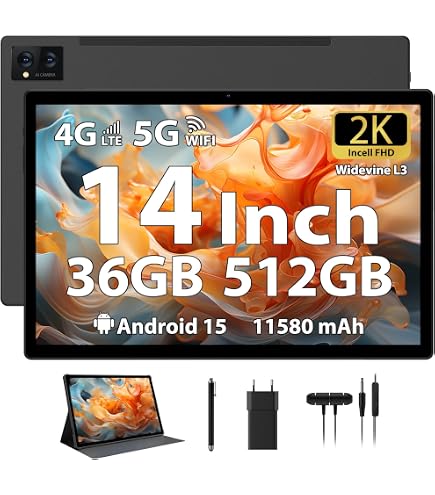 Tableta PIXPEAK 2.5K De 14″ Android 15, 36GB RAM+512GB ROM, 4G LTE/5G WiFi, Batería De 11580mAh