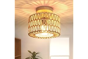 FRIDEKO HOME Lampa sufitowa drewniana, lampa sufitowa w stylu boho vintage z rattanowym kloszem, oprawa E27, lampa sufitowa do salonu, jadalni, sypialni, kuchni, korytarza