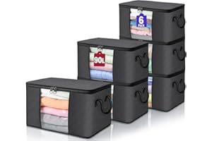Lakhmaali 90L Large Storage Bags 6 Pack, Strong 120 GSM Thick Water-Resistant Fabric, Foldable Clothes Storage Bins with Clear Window & Reinforced Handles, Closet Organizers Containers