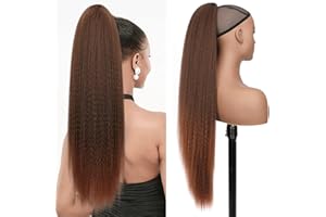 PORSMEER 30 Inch Yaki Straight Drawstring Ponytail Clip In Extensions for Women Kinky Straight Pony Tail Extensions Hair Extensions Ponytail (Black mixed brown)