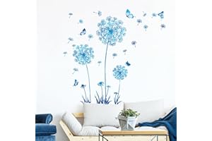 Tanlaby Stickers Muraux Pissenlit Bleu Autocollants Muraux Bleu Fleurs Sticker Mural papillons pissenlit pour Salons Chambres Bureaux Canapé Fond Décoration Murale De La Maison…