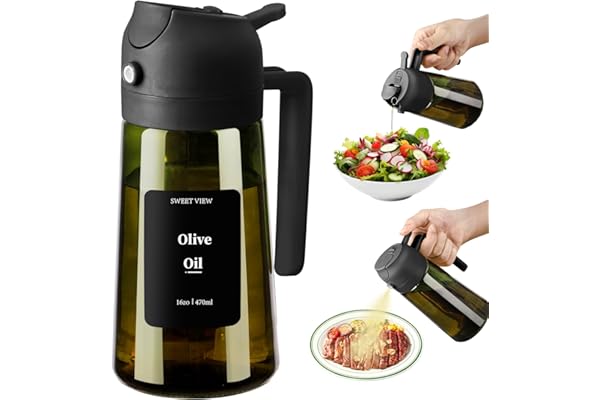 SWEET VIEW Aceitera Spray Pulverizador y Dispensador Aceite, vertedor de aceite de vidrio a prueba de luz de 470 ml para cocina, freidora de aire, cocina, ensalada y barbacoa