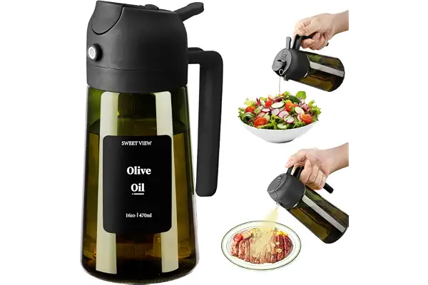 SWEET VIEW Aceitera Spray Pulverizador y Dispensador Aceite | vertedor de aceite de vidrio a prueba de luz de 470 ml para cocina, freidora de aire, cocina, ensalada y barbacoa