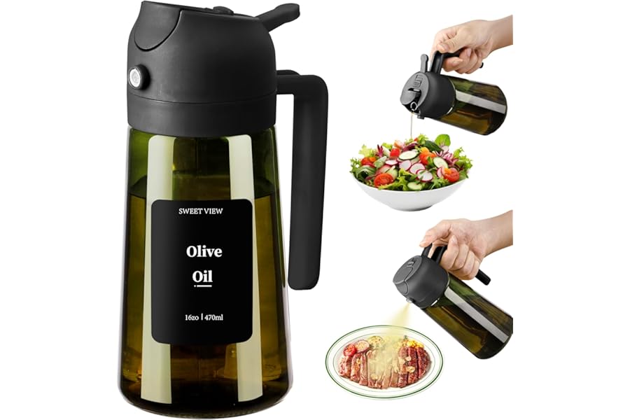 SWEET VIEW Olive Oil Dispenser and Sprayer, 16oz/470ml Glass Light-Proof Pour Bottle, Kitchen Gadgets Accessories for Air Fryer, Cooking, Salad, and BBQ, with Stickers, Black