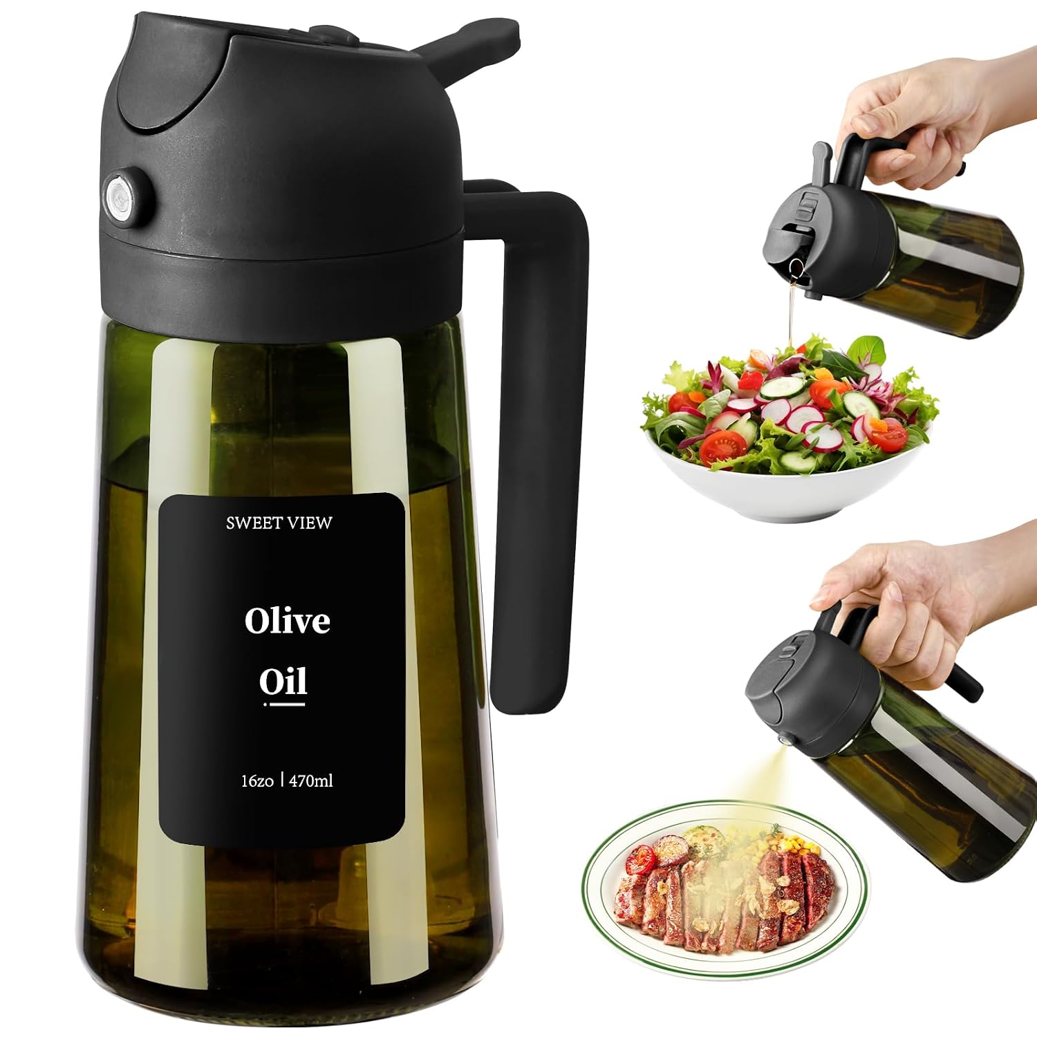 SWEET VIEW Aceitera Spray Pulverizador y Dispensador Aceite, vertedor de aceite de vidrio a prueba de luz de 470 ml para cocina, freidora de aire, cocina, ensalada y barbacoa