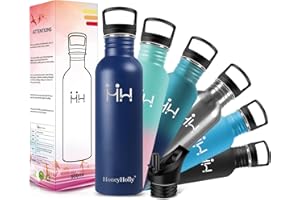 HoneyHolly Gourde Inox, 500/750/1000ml, Bouteille d'eau Acier Inoxydable, Gourde Metal, Anti Fuite Reutilisable Sans Bpa Gourdes Eau pour Sport, Randonnée, Adulte, Yoga | Bouteille Inox