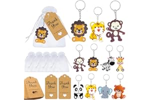 LUCCYLE 24 Set Portachiavi Baby Shower,Portachiavi con Animali dei Cartoni Animati con Etichette Kraft e Sacchetti di Organza Bianca,Mini Portachiavi,Bomboniere di Animale Compleanno Festa per Bambini