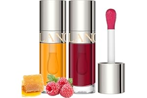 LANGMANNI Hydrating Lip Glow Oil,Moisturizing Nourishing Lip Oil,Transparent Gloss And Non-sticky Lip Oil For Dry Lips Lip Care (#01 Honey+#02 Raspberry)
