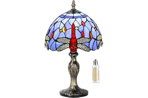 MIAOKE Tiffany lampa stołowa w stylu vintage, rękodzieło, malowanie na szkle, abażur, lampy stołowe, do sypialni, gabinetu, biura (niebieska ważka)