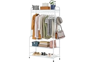 Isyunen Stand Appendiabiti in Metallo,Stendino durevole salvespazio di grande capacità con piu scaffali conDesign a doppia asta di sospensione,grande capacita di stoccaggio,74 * 40 * 168cm,Bianco