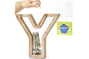 DBPBToU Sparbössa av träbokstäver, spargris transparent för barn, sparbox personlig, kreativ piggy-bänk för födelsedag presen