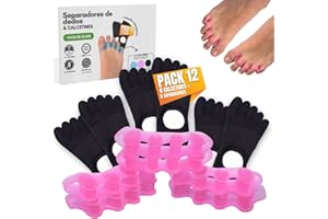 PAULAND CO [6 Separadores + 6 Calcetines 5 dedos] Separadores de dedos de los pies, Calcetines 5 dedos, Corrector de dedos, Separador de Dedos de Pie de Silicona 0% BPA, Enderezador de dedos superpuestos (Rosa)