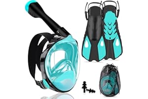 Joellfuner Máscara Snorkel Adulto, 180°Vista Máscara de Snorkel con Anti-Vaho, con Soporte de Cámara, Aletas Ajustables