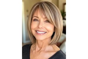 Webshaiy Perruque Femme Naturelle Perruque Bob Dégradée Court avec Frange Volume et Style pour Quinquagénaires Grand-mère Couvre Cheveux Blancs Perruques Synthétique Naturels Ombre Blonde Highlight