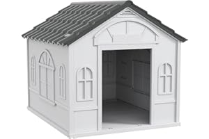 PawHut Casetta Cani di Taglia Media e Grande con Tetto Inclinato e Porta di Ingresso, Cuccia per Cani in PP Impermeabile, 84.2x98.2x82 cm, Grigio