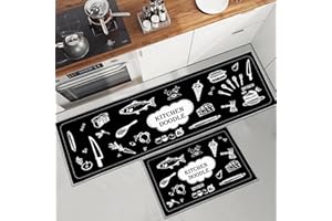 PQCXXA Black Kitchen Rugs and Mats Sets of 2 Pieces Funny Kitchen Decoration Non Slip Super Absorbent Kitchen Mat Runner Rug for Sink, Kitchen, Hallway, Laundry Room (Doodle, 40x120cm+40x60cm)