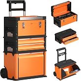 HOMCOM 3 in 1 Stackable Mobile Carving with Orange and Black Wheels | Tool Box, Steel Tool Cart, with Tray, Telescopic Handle