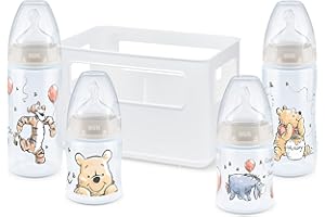 NUK Disney Winnie The Pooh First Choice + Baby Bottle Starter Set 4 Anti-Colic Baby Bottles (2 x 150 ml & 2 x 300 ml) Temperature Control Display Silicone Teat Bottle Box BPA