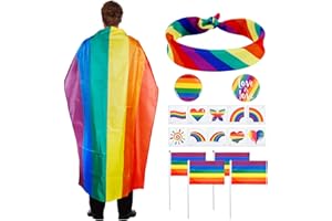 HAKOTOM 9 Stück Pride Accessoires Set Gay Pride Regenbogen Set Pride Month Deko Pride Umhang Regenbogen Bandana Pride Flaggen Regenbogentattoo Pin für Sommer Frauen Männer Pride Party Pride Parades