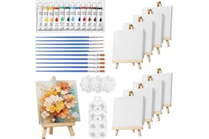 Obidodi Mini Canvas and Easel Set, 44 Pcs Painting Set Includes 4x4 Inches Canvas, Wooden Mini Easel, Acrylic Paint, Brushes and Palette for Kids, Sip and Paint Party for Adults Kids