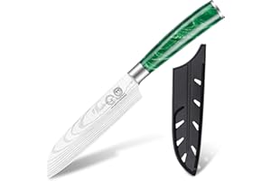 XYJ Autentico dal 1986, coltello multifunzione da cucina, coltello da 5 pollici in acciaio inossidabile con fodera, lama affilata modello Laser Damascus, manico in Pakkawood, posate da cucina